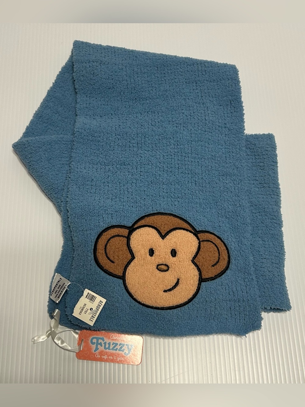 Y2K Aeropostle Blue Scarf Aero Monkey Soft Fuzzy Fleece Embroidered NWT Cozycore